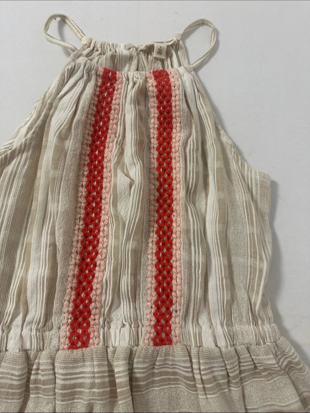 Nordstrom Girls Cream Striped Halter Dress with Coral Trim